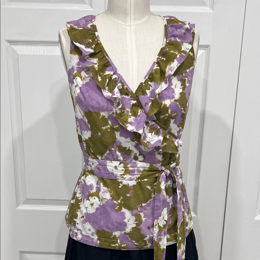 Floral Ruffle Wrap Top - Purple and Green